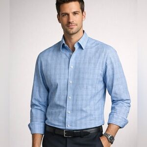 Van Heusen Blue Plaid Button Down Shirt Men’s L 16–16.5 Cotton Blend Long Sleeve